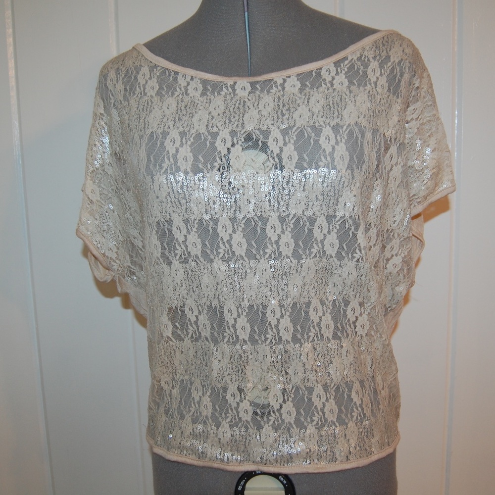 January 7 Lace Layering Top Beige Sequins Blouse